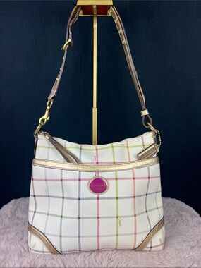 Coach Plaid Coated Canvas Zip Top Hobo Crossbody Metallic Gold Trim F10178 EUC